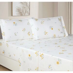 Leila Yellow Floral 100% Cotton Sheet Set with Pillowcases King Shabby Chic